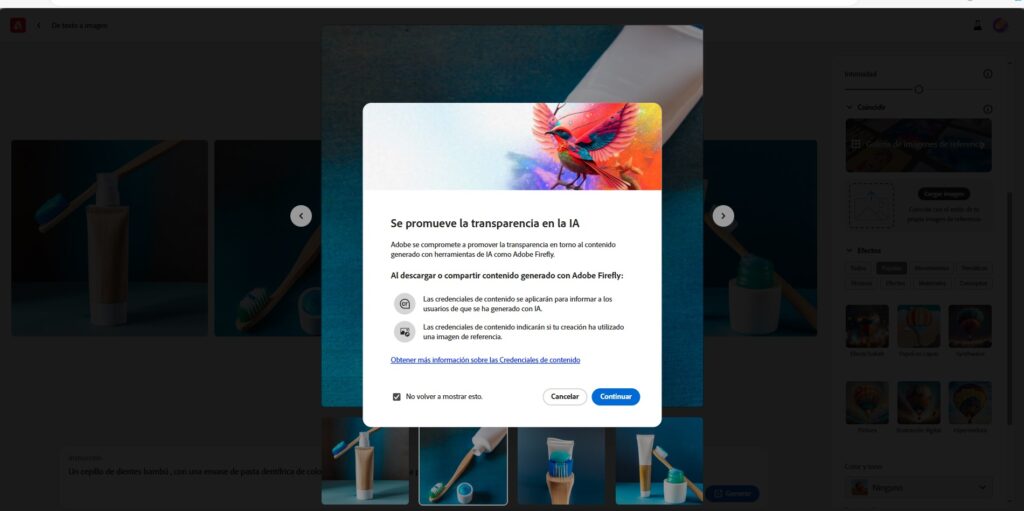 Advertencia sobre imagenes creadas con IA de ADOBE